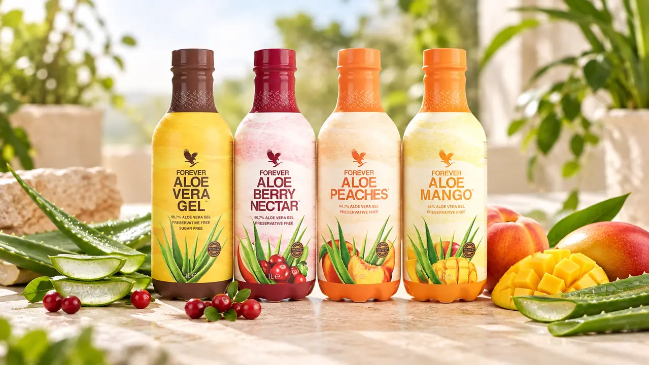 Vier Varianten der Aloe-vera-Getränke von Forever Living in natürlicher Umgebung